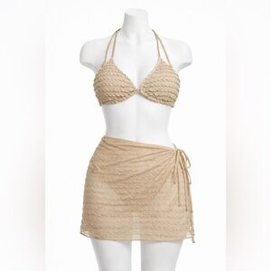 NWT Beige ruffle Bikini with Sarong Size L. Padded top, hygenic liner.